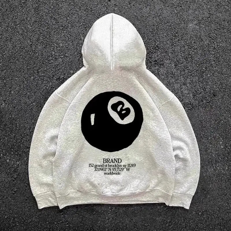 Retro 8-ball pattern hooded men’s streetwear,oversized pullover casual and fashionable sportswear daily wear and hip-hop style