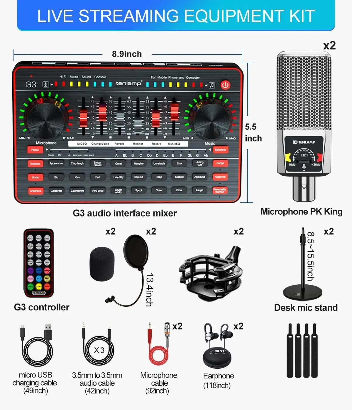 Audio Mixer with Sound Card tenlamp Two 3.5mm Studio Condenser Microphone and G3 Audio interface Sound Board Voice Changer