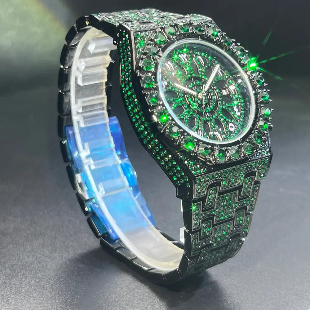MISSFOX Hip Hop Wristwatch For Men Luxury lce Out Full Diamond Watches Fashion Green Watch Wterproof Week Display Clock 2025
