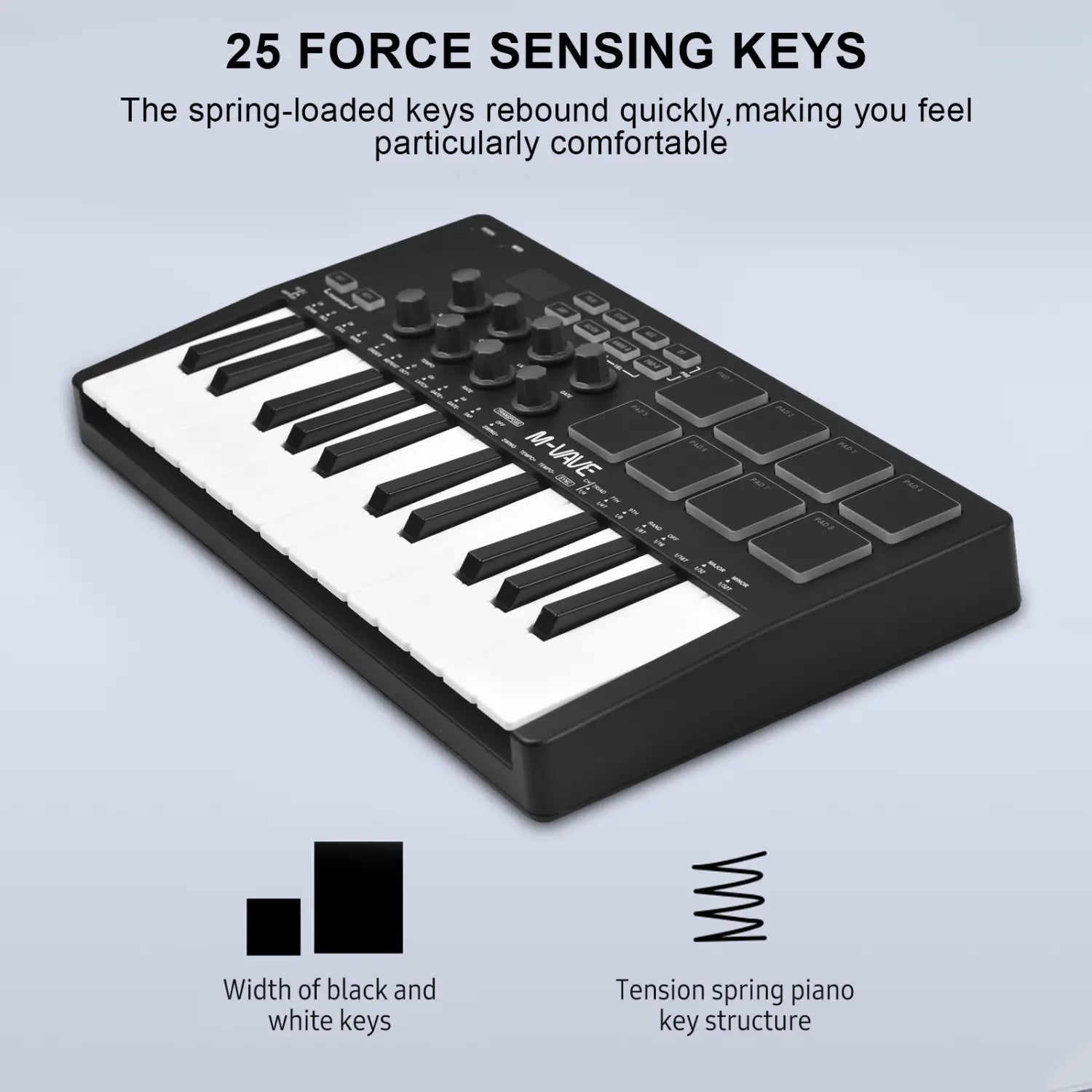 M-vave SMK-25 Mini 25 Keys Wireless / USB MIDI Keyboard Controller With 8 Backlit Drum Pads 8 Knobs and 2 Touch Stripes