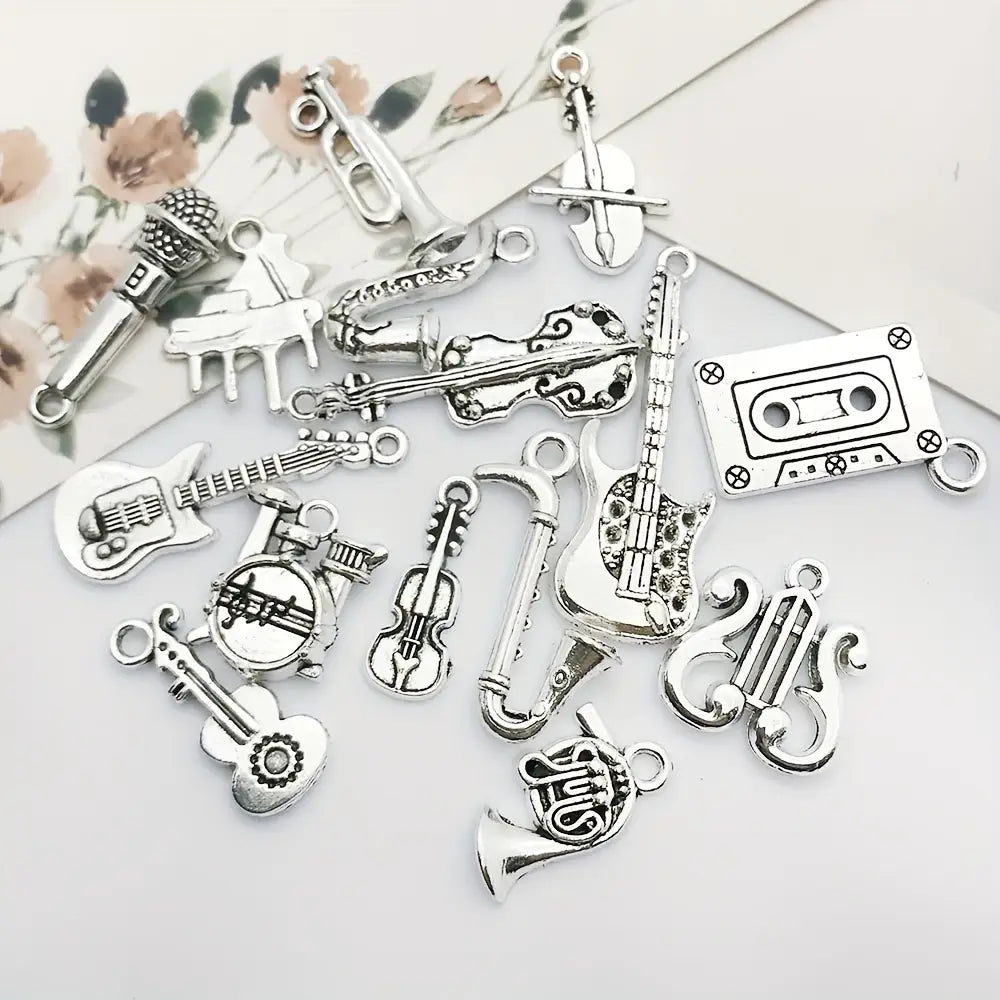 Mix 15pcs Antique Silvery Musical Instrument Charms Pendant For Jewelry Making Guitar Piano Violin Music Charms Finding Crafting