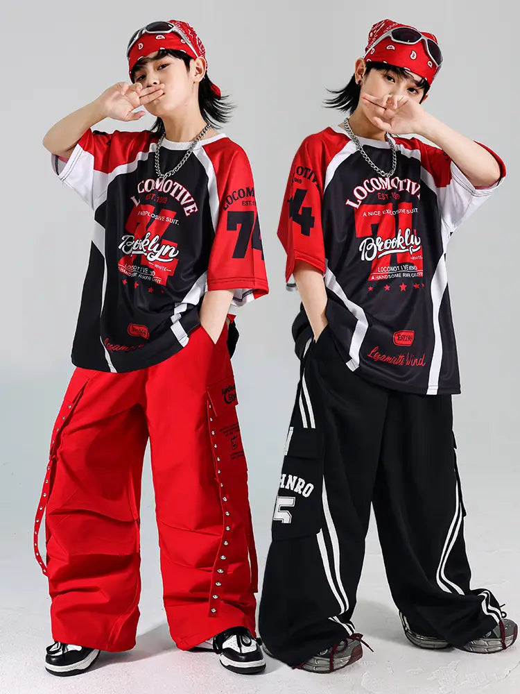 Hip Hop Boys Contrast T-shirt Red Vest Cargo Pants Girls K-pop Street Dance Clothes Sets Kids Jazz Costumes Children Streetwear