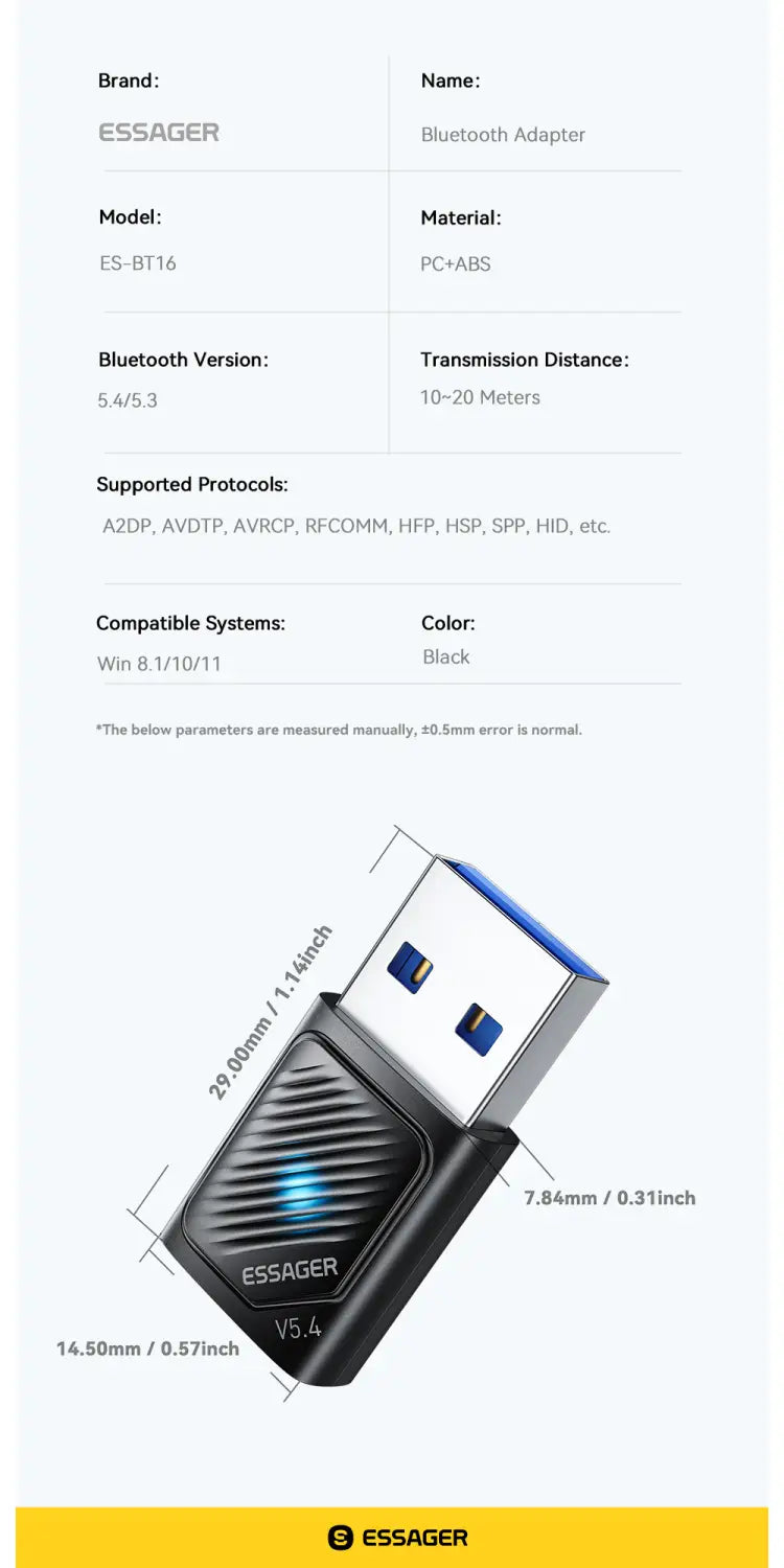 Essager Bluetooth Adapter USB Bluetooth 5.4 for PC Dongle Adaptador Wireless Mouse Keyborad Music Audio Receiver USB Transmitter