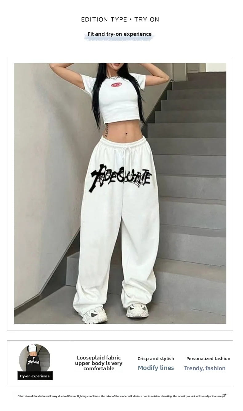 New American Style White Hip Hop Jazz Dance High Waist Loose Straight Leg Wide Leg Drawstring Sports Fashion Trousers