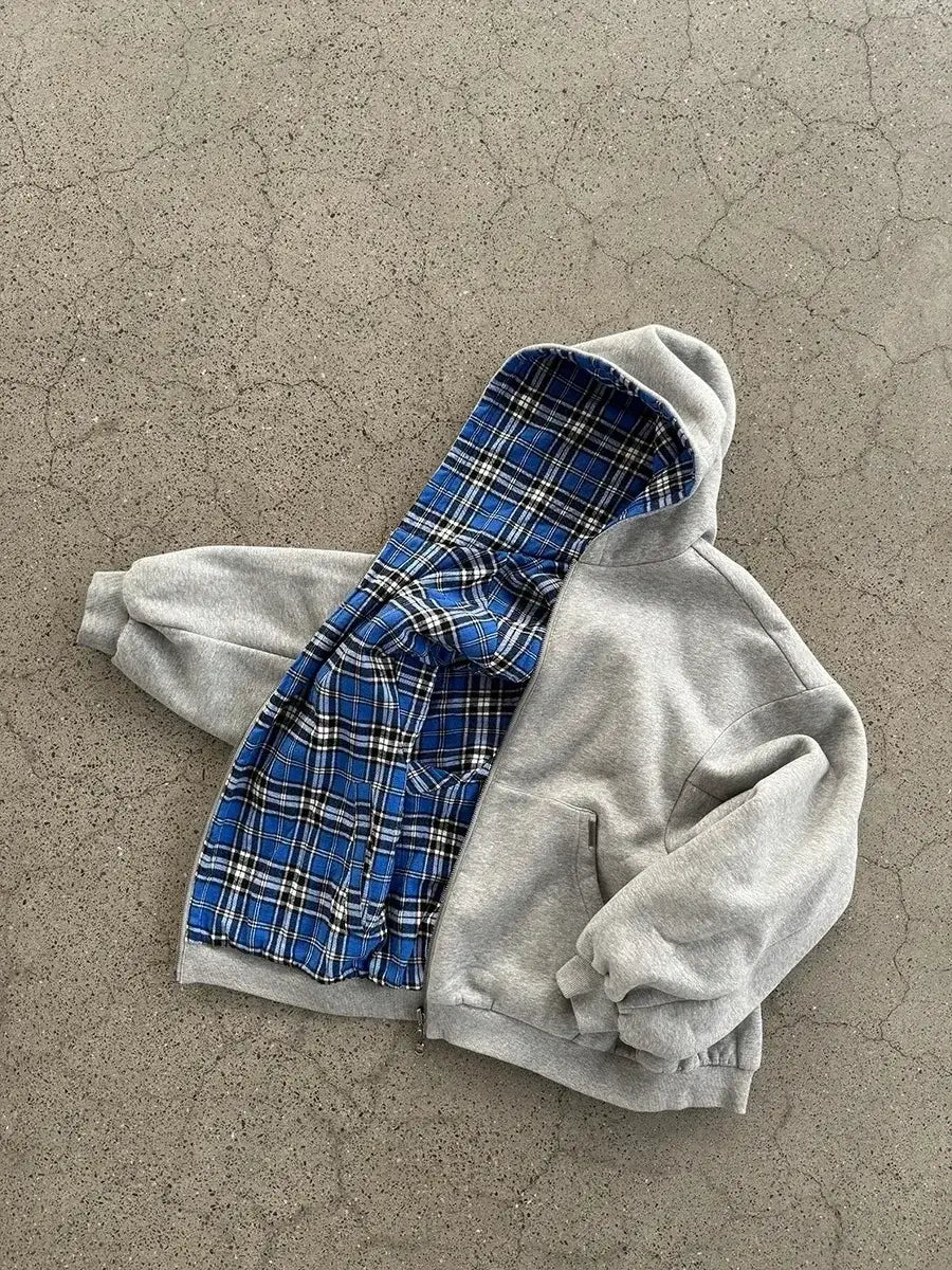 Korean Fashion Retro Plaid Double-Sided Black Minimalist Sweatshirt Men’s Y2K New Harajuku Hip-Hop Gothic Couple Street Wear