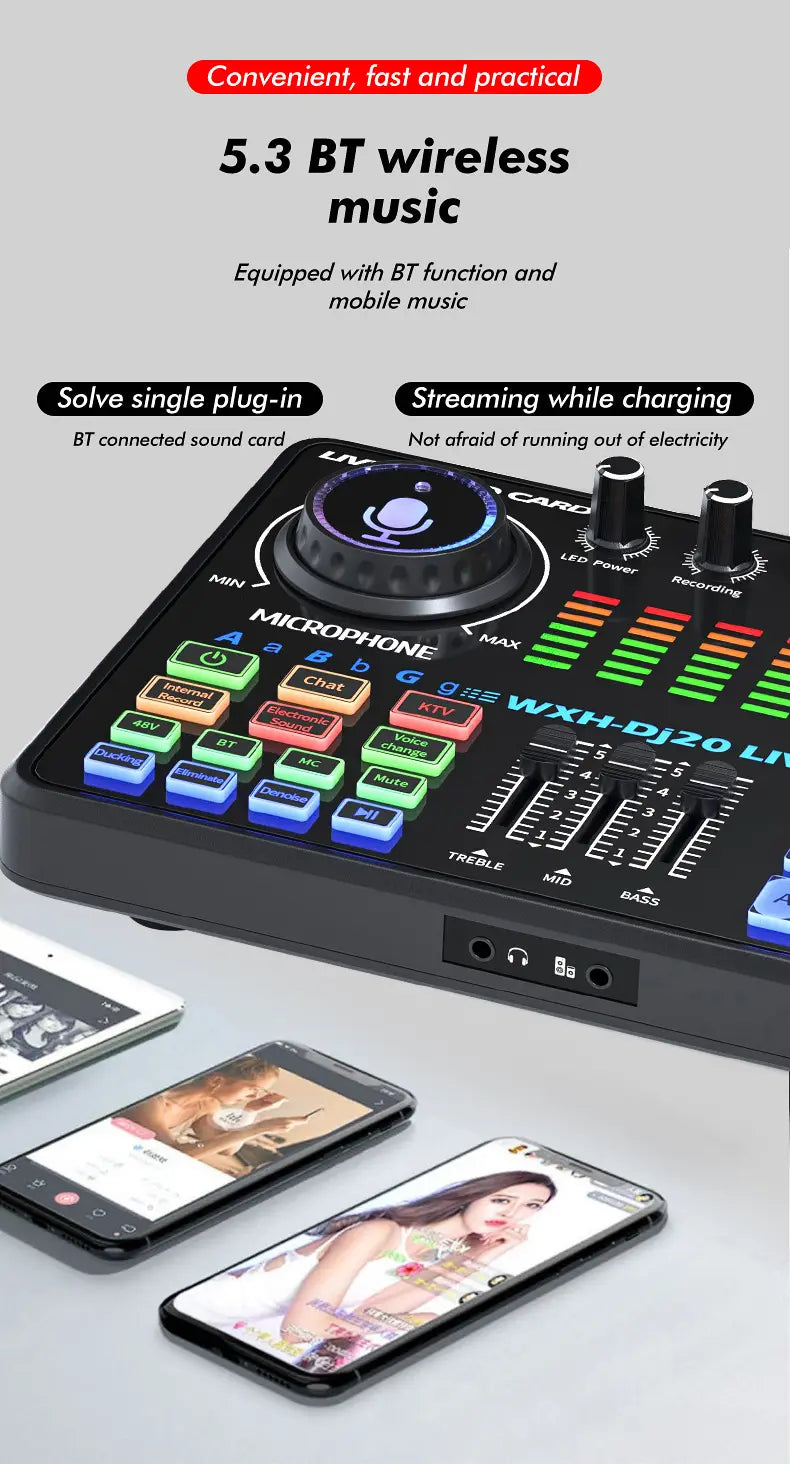 DJ20 Sound Card Kits Studio Record Professional Mixer Singing 48V Microphone BM800 for Karaoke Podcast Recording Live Streaming