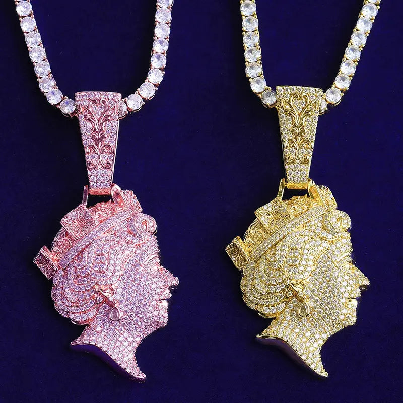 Hip Hop 5A+ CZ Stone Paved Bling Iced Out The Queen Elizabeth Pendants Necklaces for Men Rapper Jewelry Rose Gold Silver Color