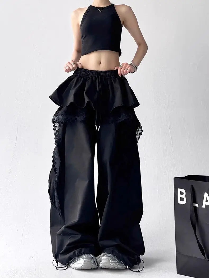 High Quality Lace Tiered Skirt Baggy Full Length Pants Hip Hop Dance Sexy Women Girls Casual Summer Trousers Elastic Drawstring