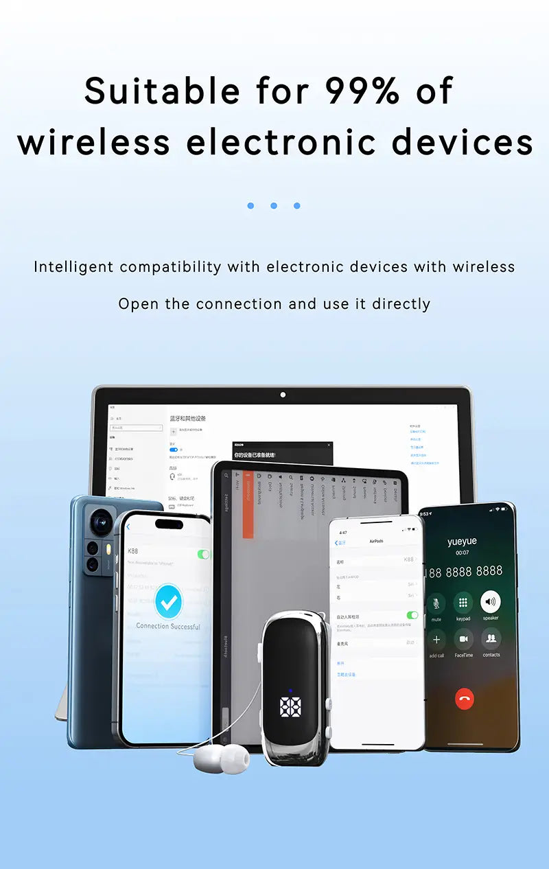 K88 Lavalier Business Bluetooth 5.4 Headphone Talk/Music Time 20 Hours LED Digital Display,Noice Cancelling Wireless Earphones