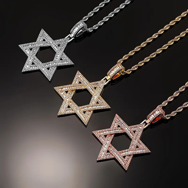 Hip Hop 3A+ CZ Stone Paved Bling Iced Out Jewish Star of David Pendants Necklaces for Men Rapper Jewelry Gold Silver Color