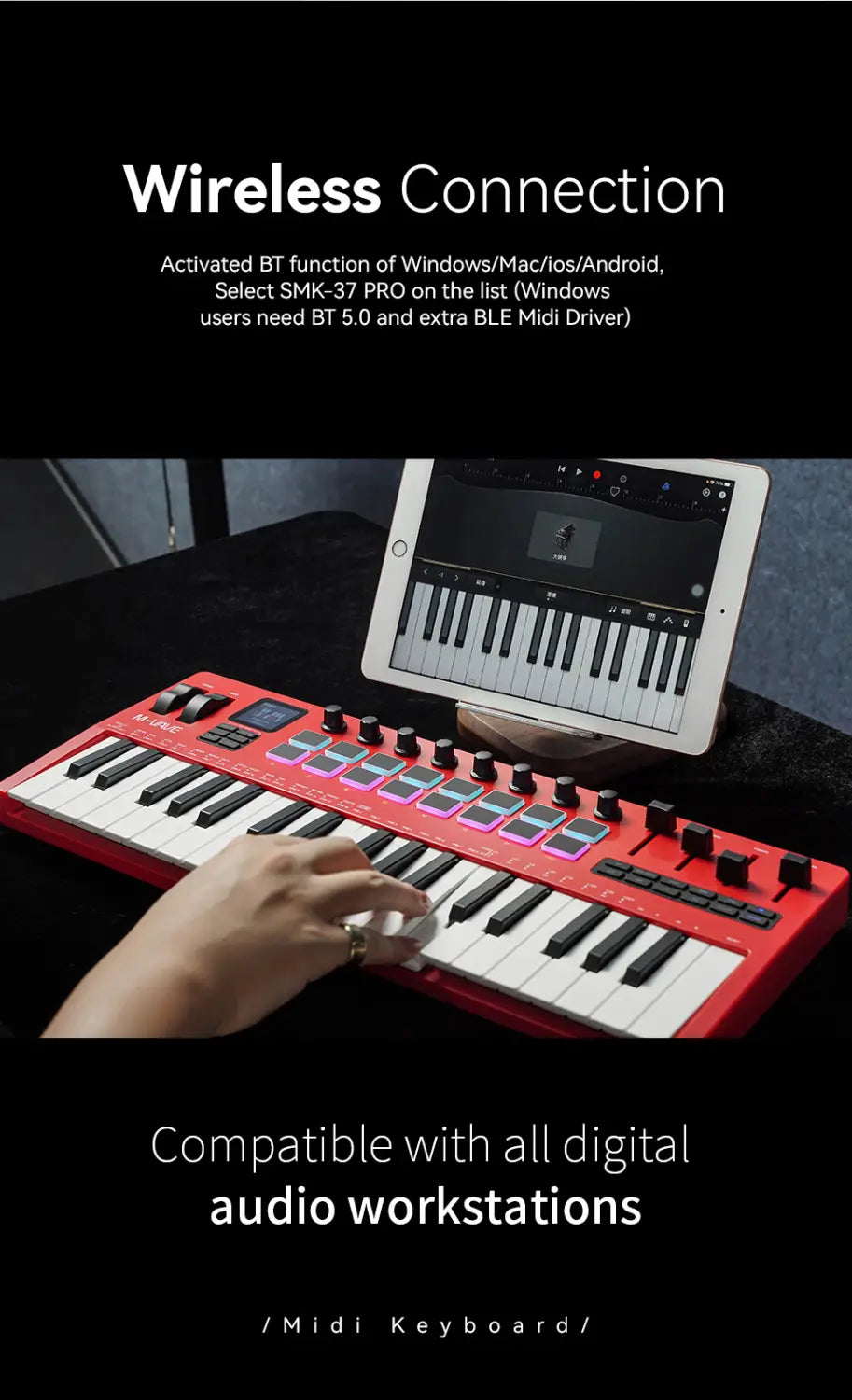 M-VAVE SMK-37 PRO Keyboard MIDI Controller 37 Key 16 RGB Pads&8 Knobs Supports Wireless Connection Systems Software Operation
