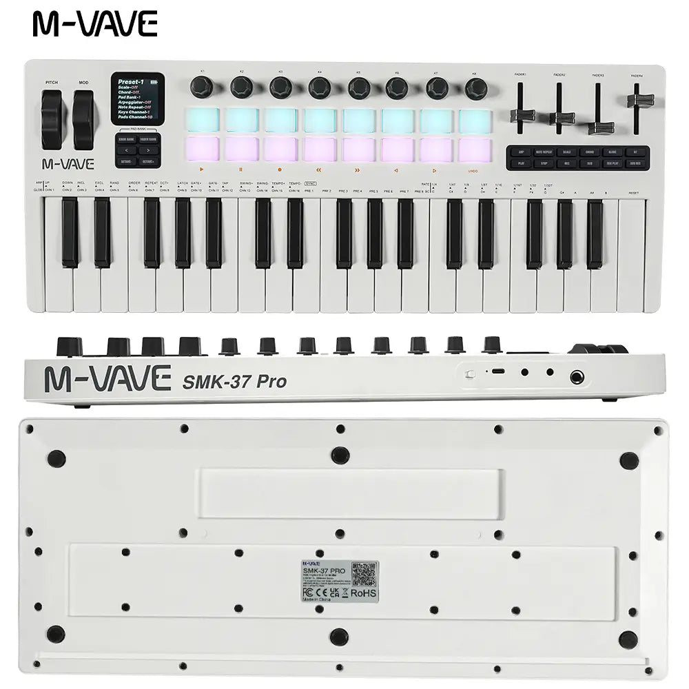 M-VAVE SMK-37 Keyboard 37 Keys MIDI Controller with 16 RGB Pads&8 Knobs 3.5mm Supports Wireless Connection to Multiple System
