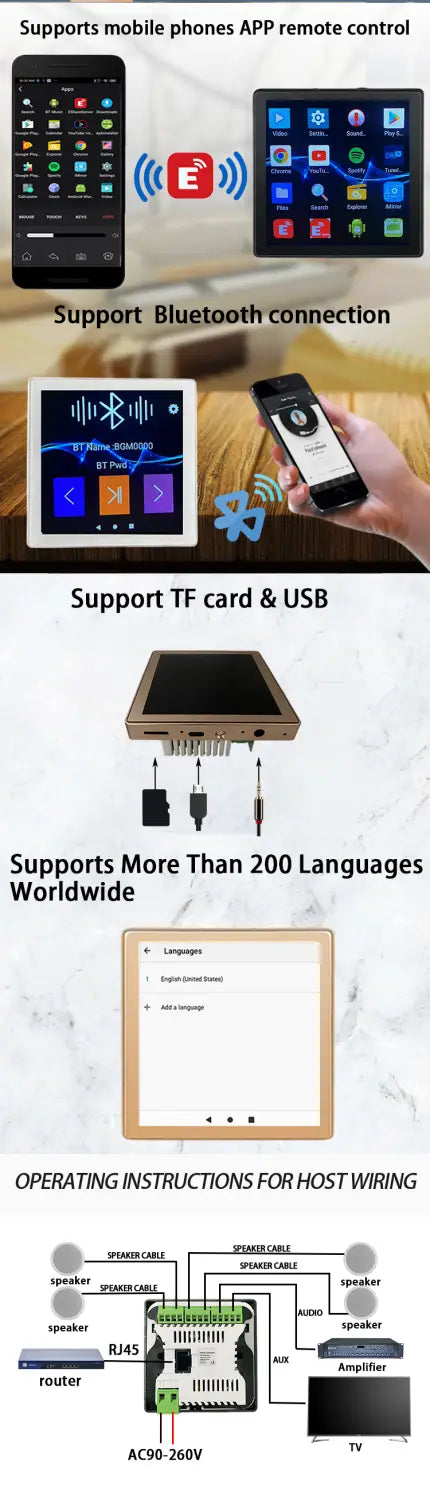 Home Theater Stereo Sound Wall Amplifier 4 ’Touch Screen Android 10.0 Support Voice Control Remote Control Music Player
