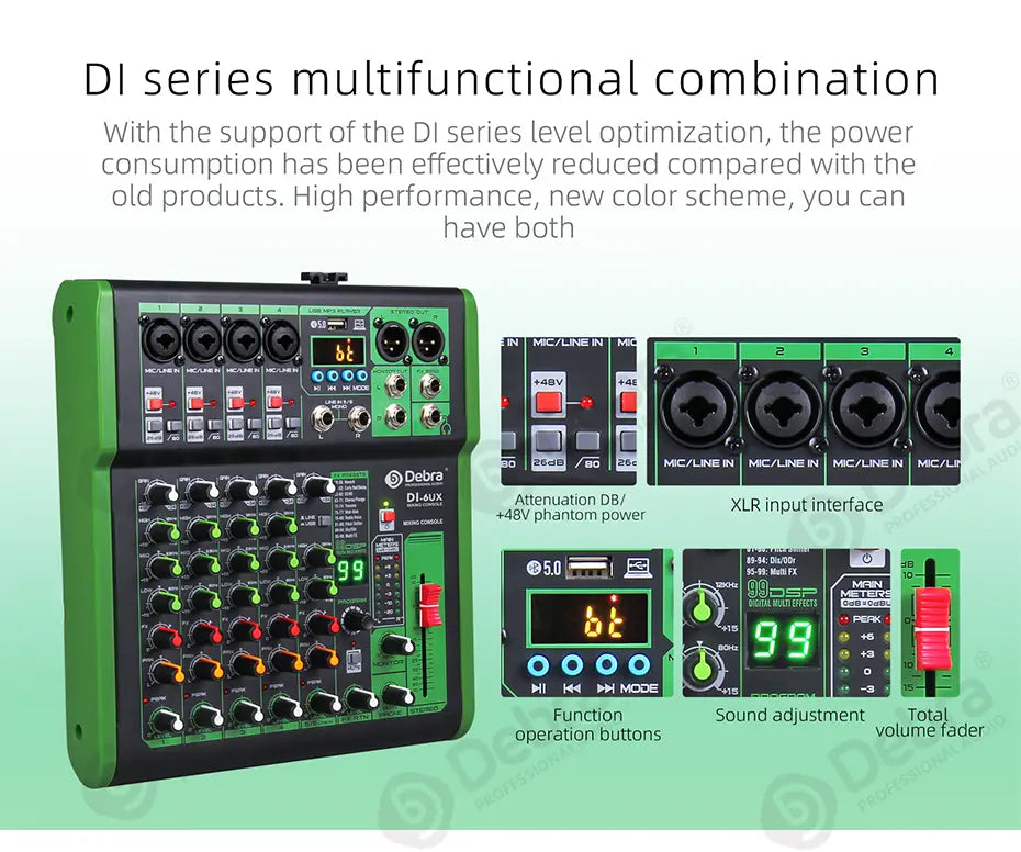 Debra DI pro Mixer Audio for Home Karaoke Live Broadcast Recording Studio with 99 DSP Digital Effects And USB MP3 Input