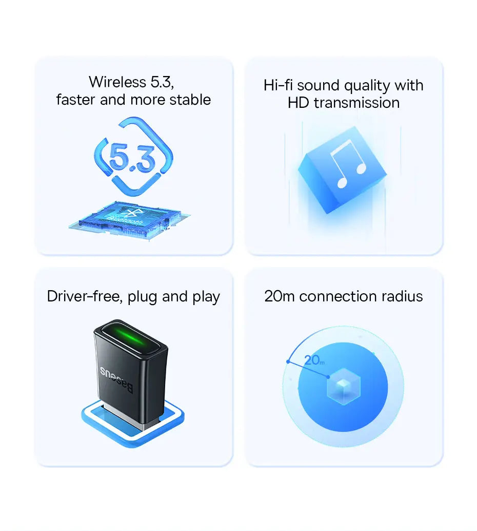 Baseus BA07 USB Bluetooth 5.3 Dongle Adapter for PC Speaker Wireless Mouse Keyboard Music Audio Receiver Transmitter Bluetooth