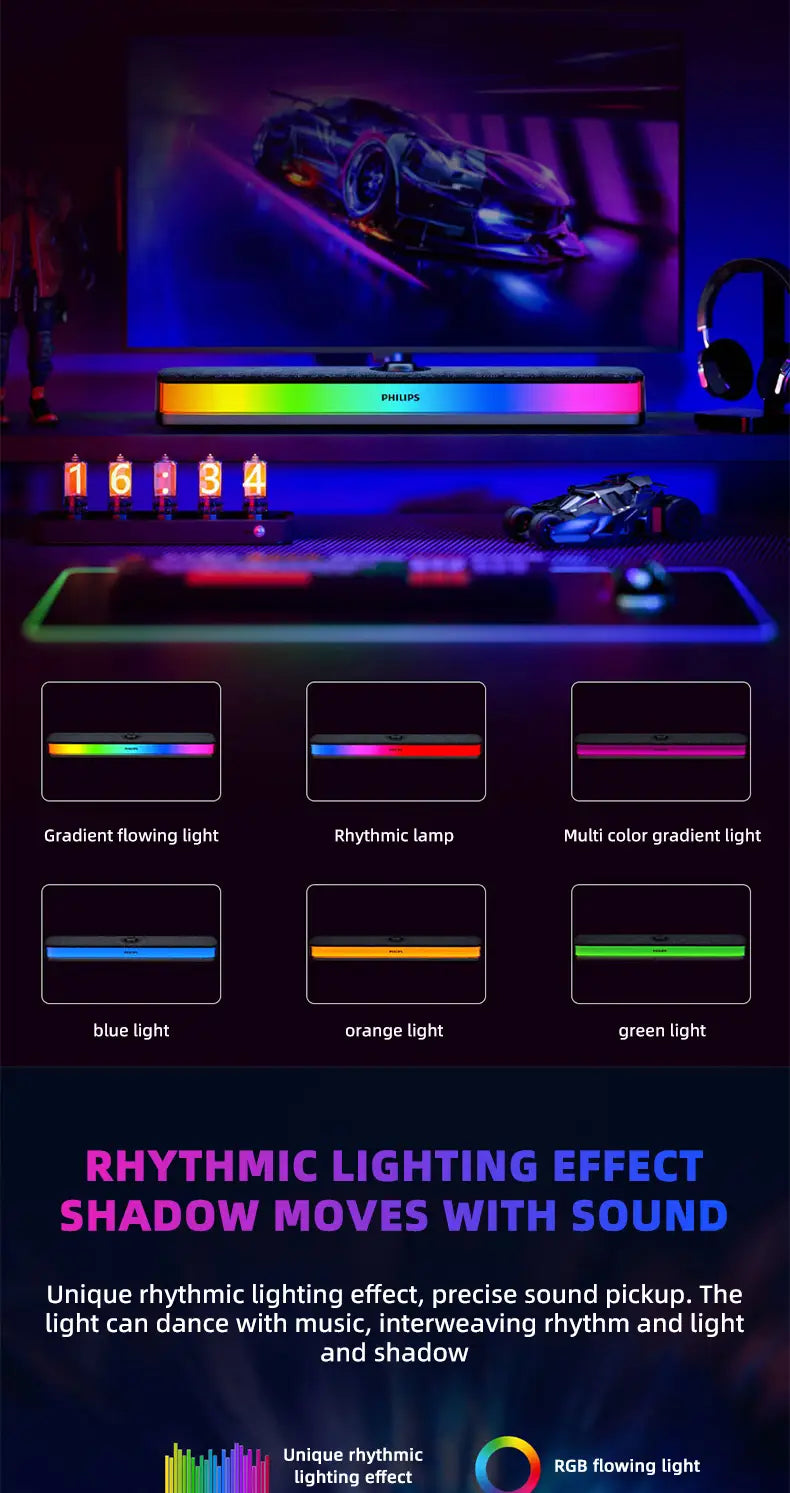 Philips SPA6109 Gaming Desktop Soundbar Full Screen RGB Noise Reduction Speaker with Mic Wired BT 5.3 Computer Sound System