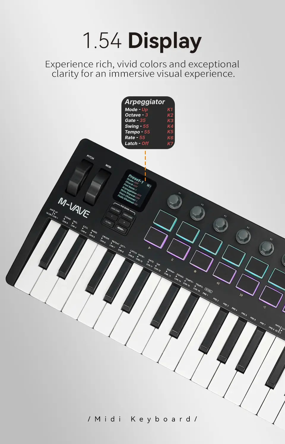 M-VAVE SMK-37 PRO Keyboard w/16 RGB Pads,8 Knobs & Wireless Bluetooth|Velocity-Sensitive Keys,Synth Engine/Music Production