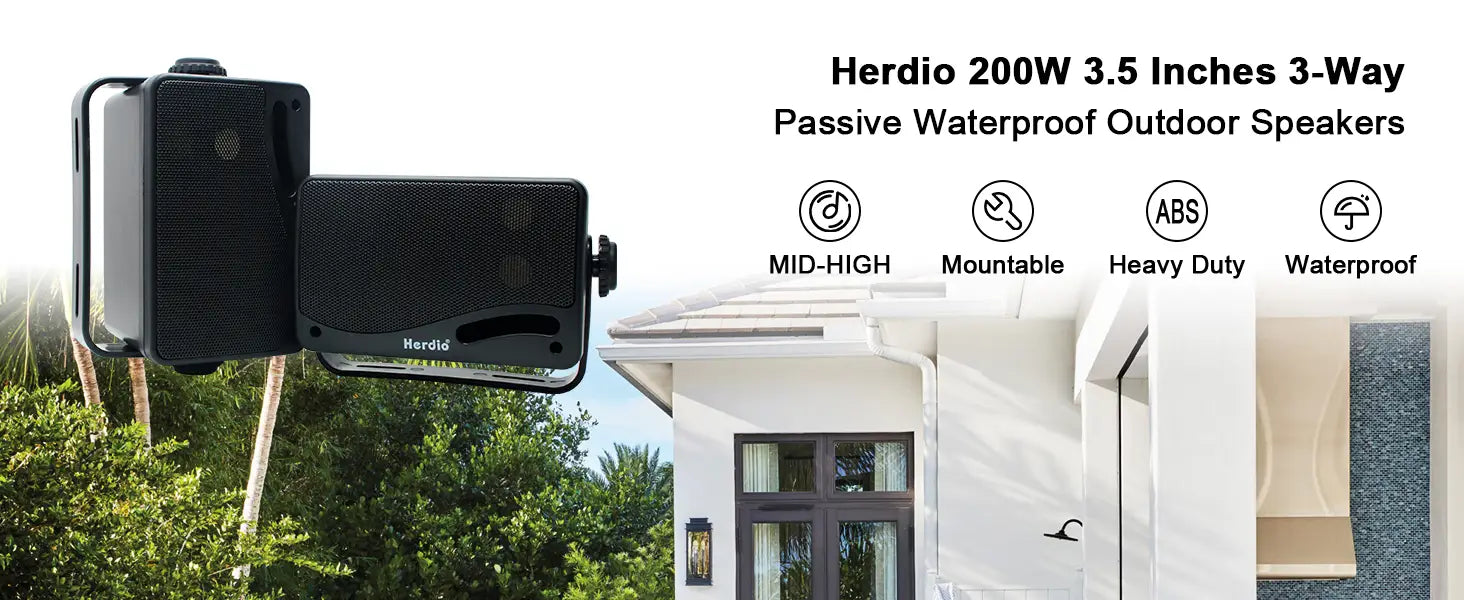 Herdio 3.5‘’ Outdoor Speakers Passive Wired Waterproof 200W 3 Way Premium Mountable Wall Mount Speakers With Superior Sound 2PCS