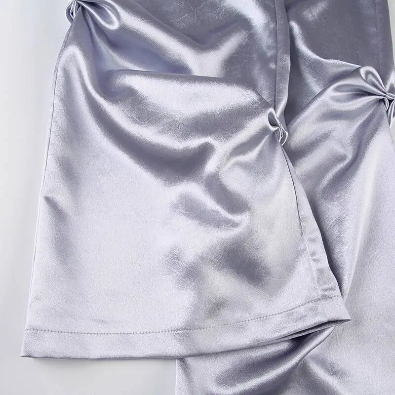 Hip Hop Women High Waist Wide Leg Pants Street Silver Dark Style Satin Pleated Casual Loose Slimming Dance Pants