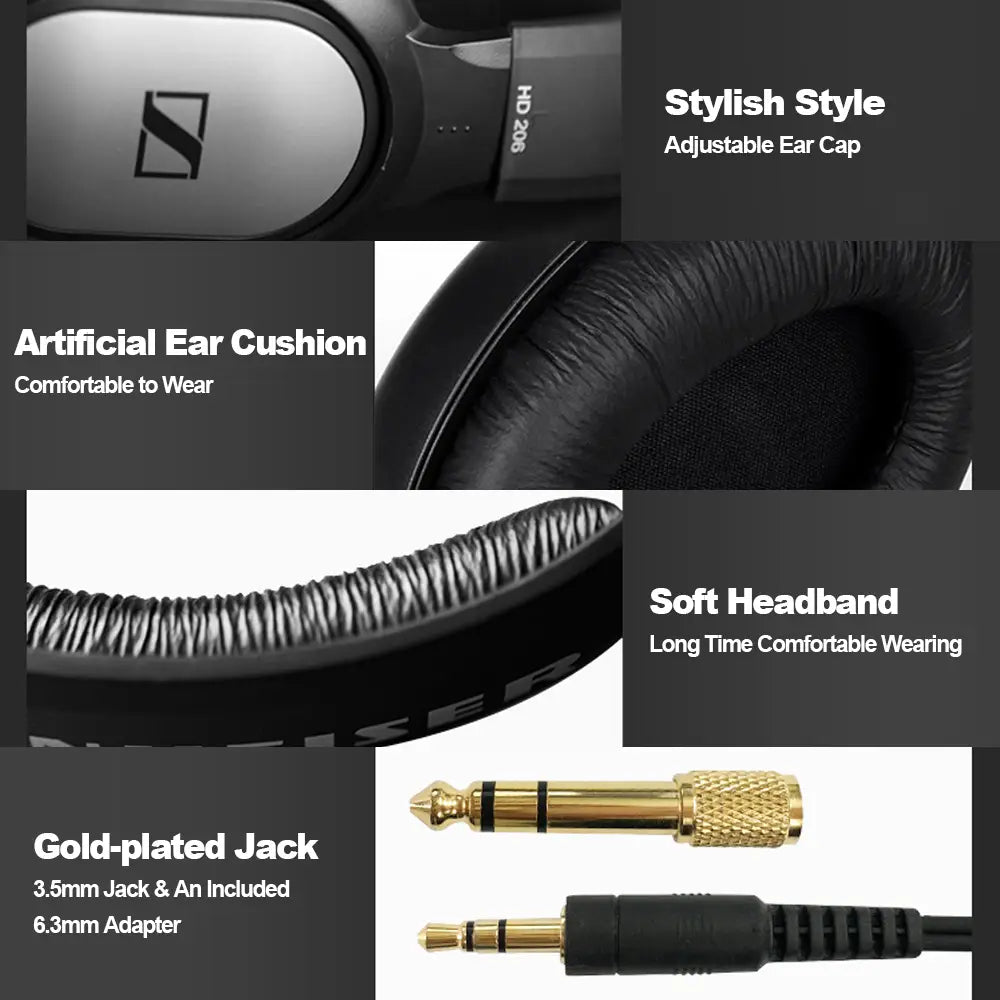 Sennheiser HD206 Over Ear Studio Headphones Professional Monitor DJ Headset HiFi Stereo Bass Wired 3.5mm Audio Earphone