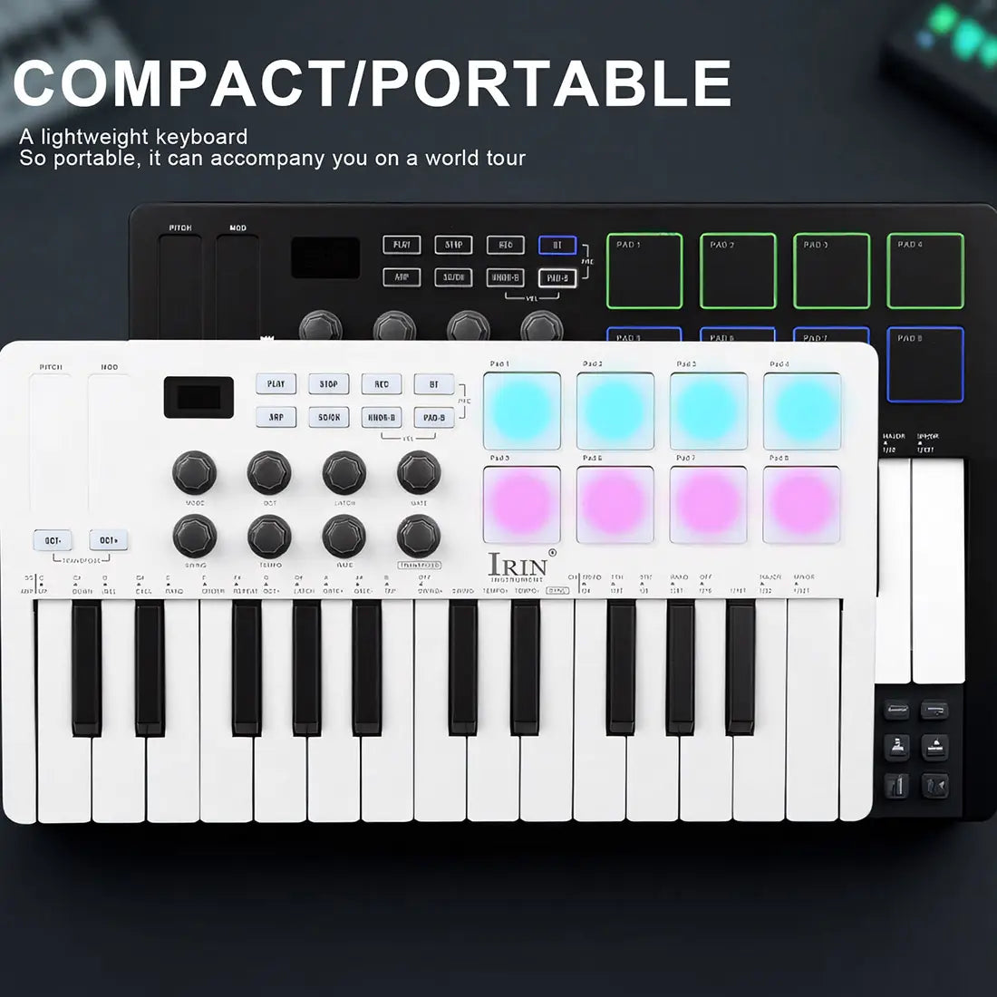 IRIN SMK-25 25 Keys MIDI Keyboard Controller 8 RGB Backlit Drum Pads Rechargeable USB Keyboard Strike Pad for Music Production