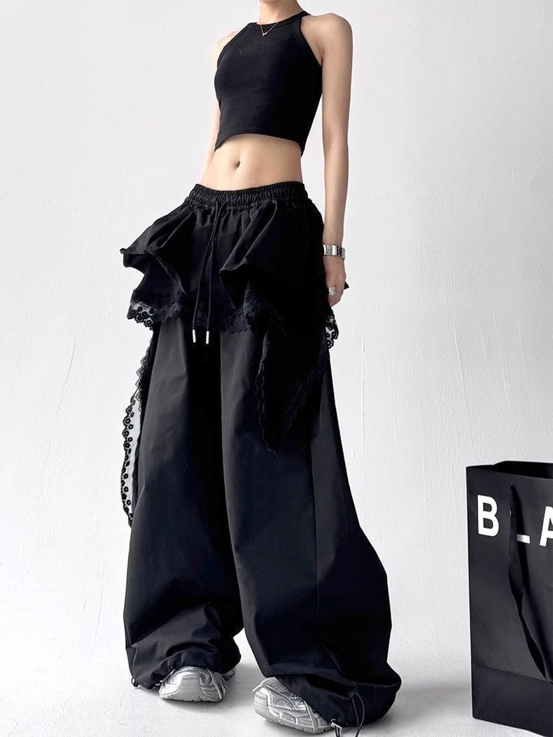 High Quality Lace Tiered Skirt Baggy Full Length Pants Hip Hop Dance Sexy Women Girls Casual Summer Trousers Elastic Drawstring