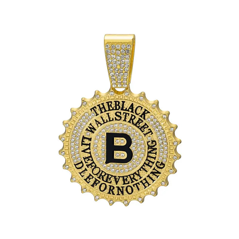 Hip Hop Round B Letter Pendant Necklace Men Gold Sliver Color Ice Out Crystal Sign Rock Pendant Rapper Bling Jewerly