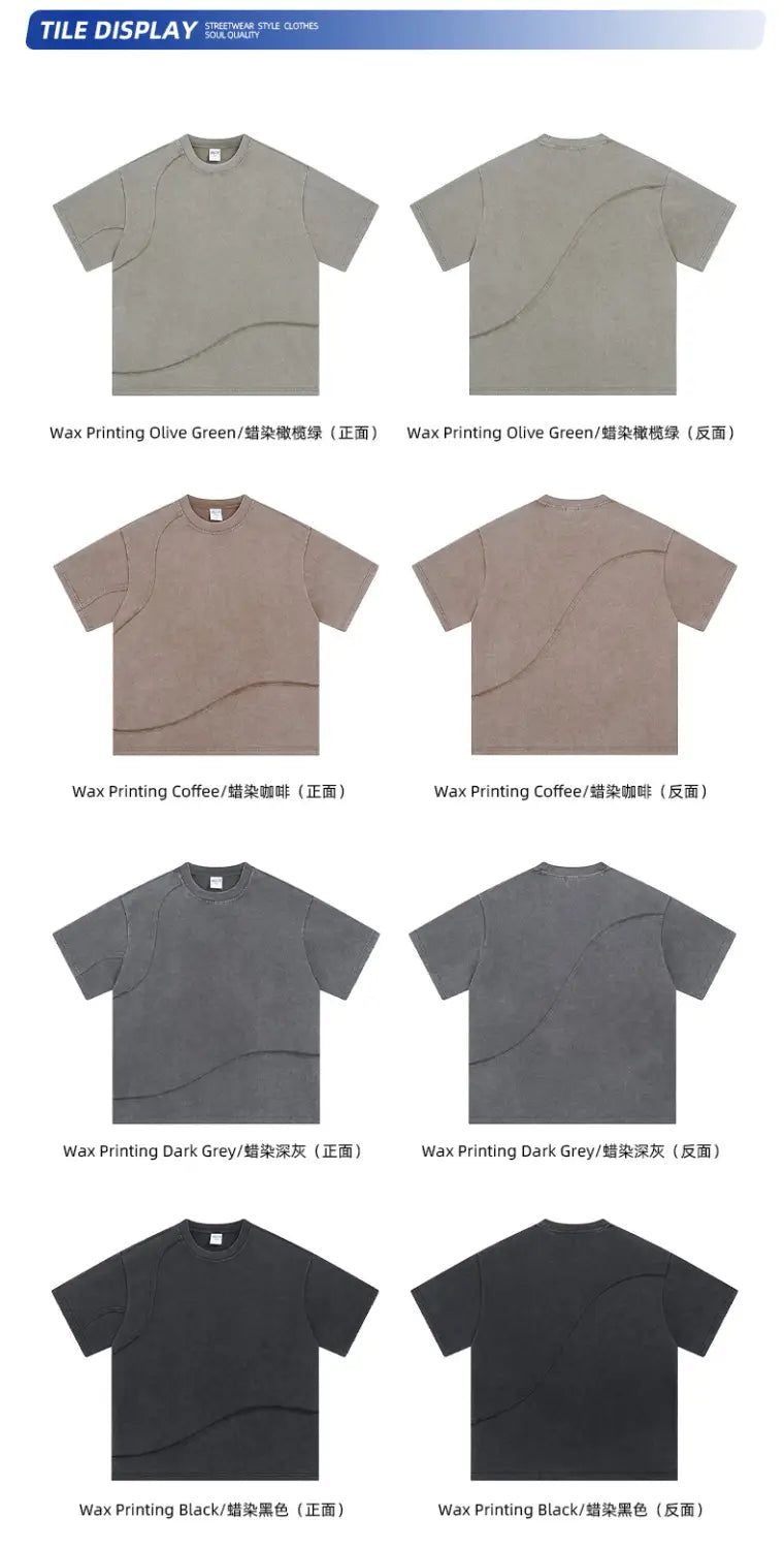 Hip Hop Wax Printing Washing Men’s Short Sleeve Tee Oversized Distressed Round Neck Man Cotton T Shirts Top Quality Raw Edges