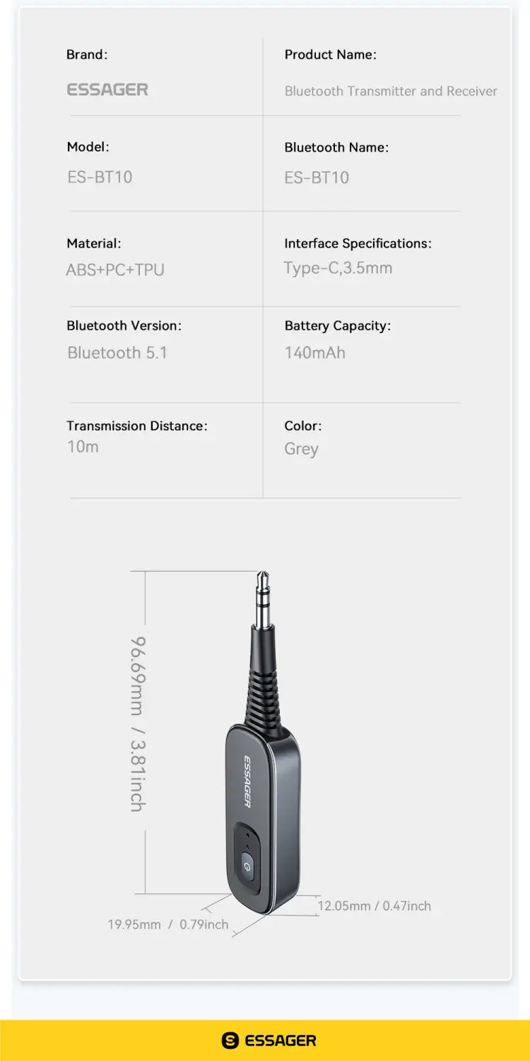 Essager 2-in-1 Bluetooth Audio Receiver Transmitter Wireless Bluetooth 5.1 3.5mm AUX Audio Adapter Stereo for Earphones TV Car