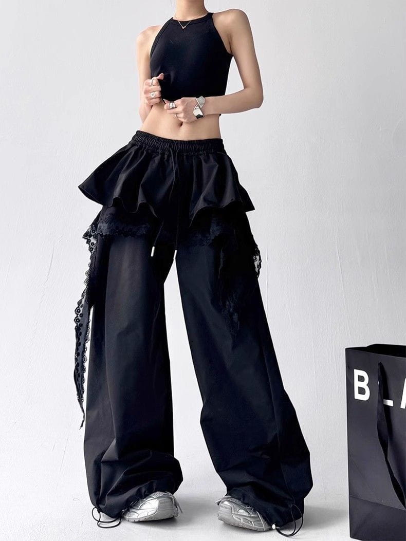 High Quality Lace Tiered Skirt Baggy Full Length Pants Hip Hop Dance Sexy Women Girls Casual Summer Trousers Elastic Drawstring