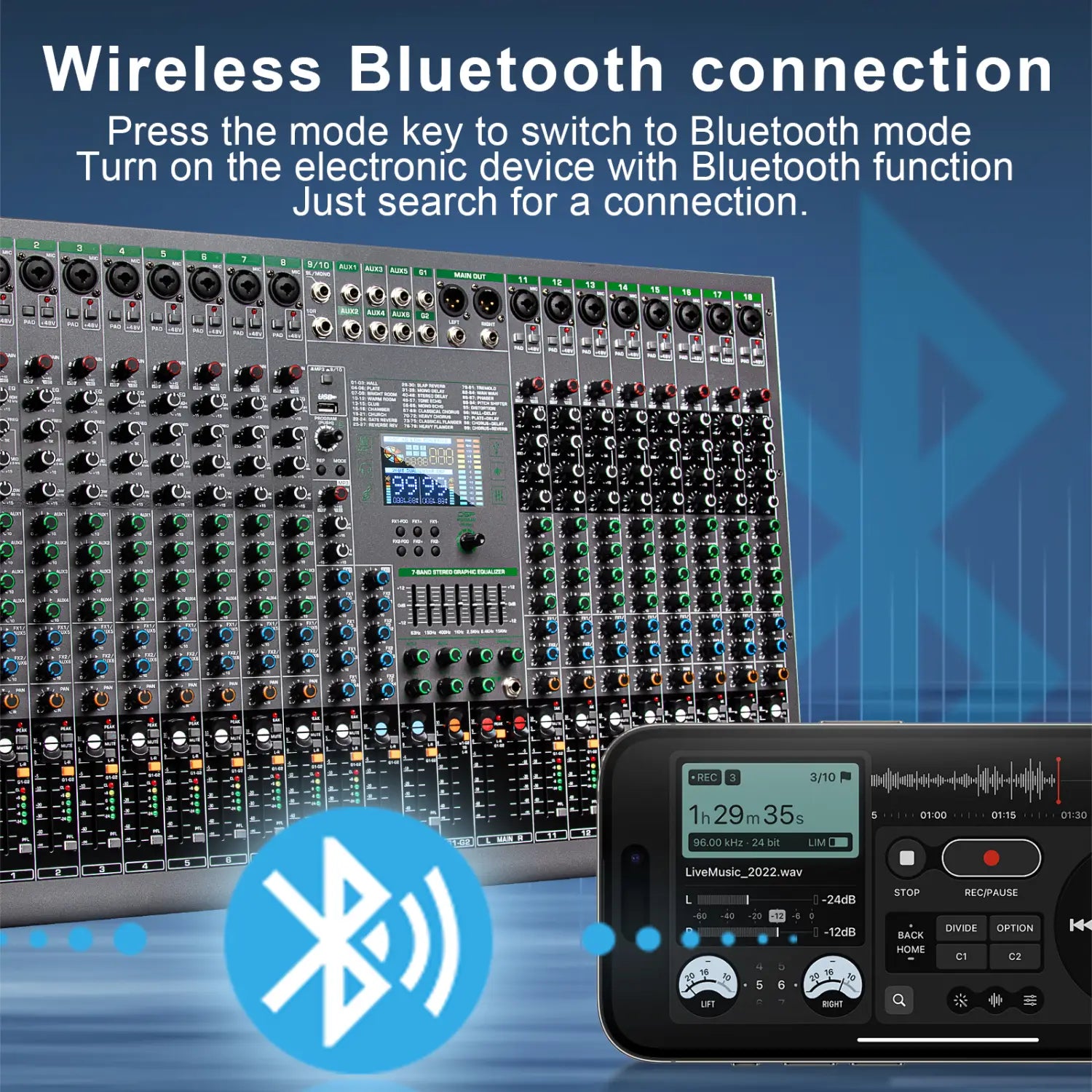 Depusheng Digital Mixer Professional Audio Mixer 18channels with 99bit dps reverb chip Bluetooth USB MP3 for stage bar studio DJ