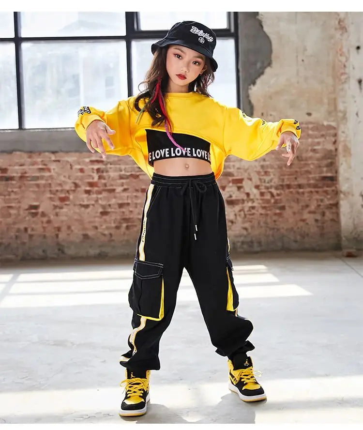 Hip Hop Girls Crop Top Contrast Street Dance Cargo Pants Children Sweatshirt Joggers Kids Streetwear Jazz Costumes Clothes Sets
