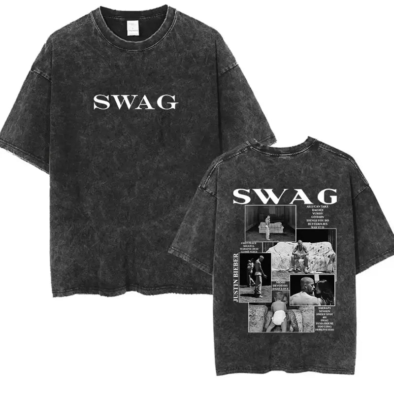 Rapper Justin Bieber SWAG Album 2025 Vintage Washed Graphic T-Shirt Woman’s Hip Hop Loose Fashion Short Sleeve Streetwear
