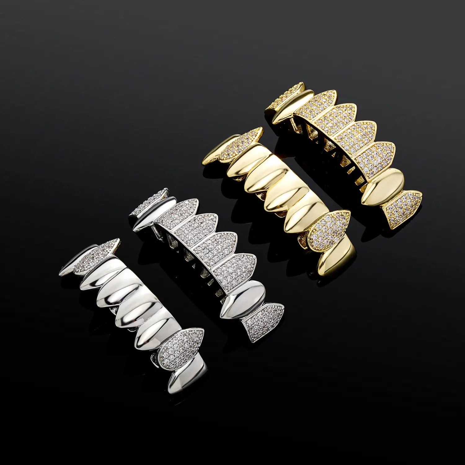 Hip Hop Full CZ Stone Teeth Grillz Caps Cubic Zircon Iced Out Micro Pave Top&Bottom Charm Grills for Men Women Punk Jewelry