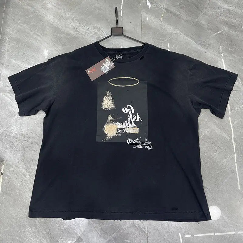 Hip Hop Letters Graffiti Vintage Washed Black Damaged Hole Paly T-Shirt Men Women Box Graphics Rhinestone T Shirt Cotton Tee