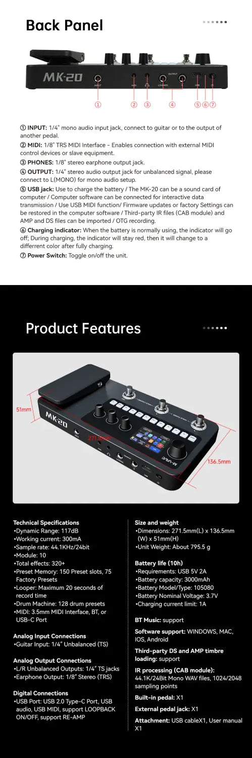 M-VAVE MK-20 Multi-Effects Processor for Guitar and Bass with Drum Machine Tuner Looper Amp Simulator USB Audio Interface