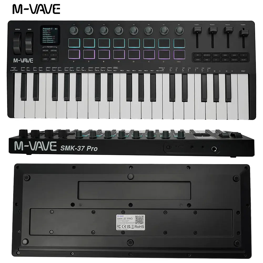 M-VAVE SMK-37 PRO 37 Key MIDI Keyboard with Sound Source USB MIDI Controller with 16 RGB Pads & 8 Knobs Supports Software