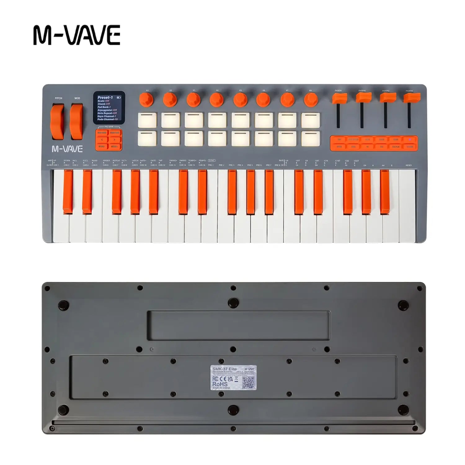 M-VAVE SMK-37 Pro MIDI Keyboard with Weighted Keys 16 Pad 8 Encoders Battery Powered DAW & IOS Compatible