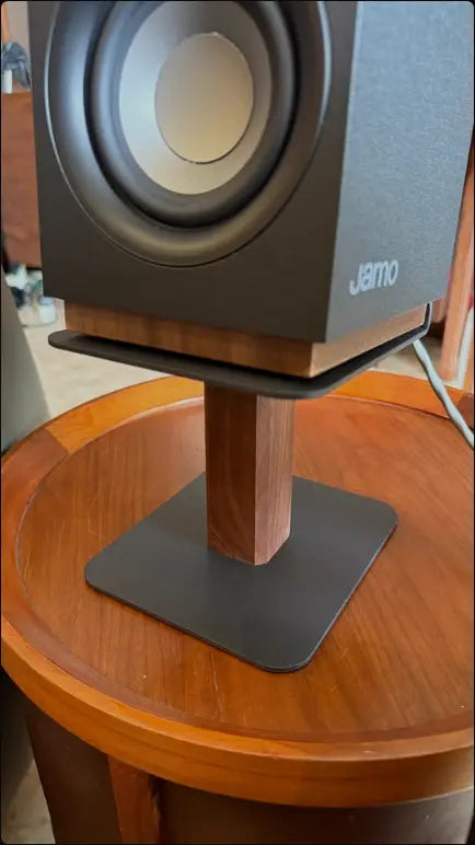 Walnut / Oak Wood Speaker Stand with Metal Base Home Office Audio Equipment Storage Solution Modern Desk Organizer Media Shelf