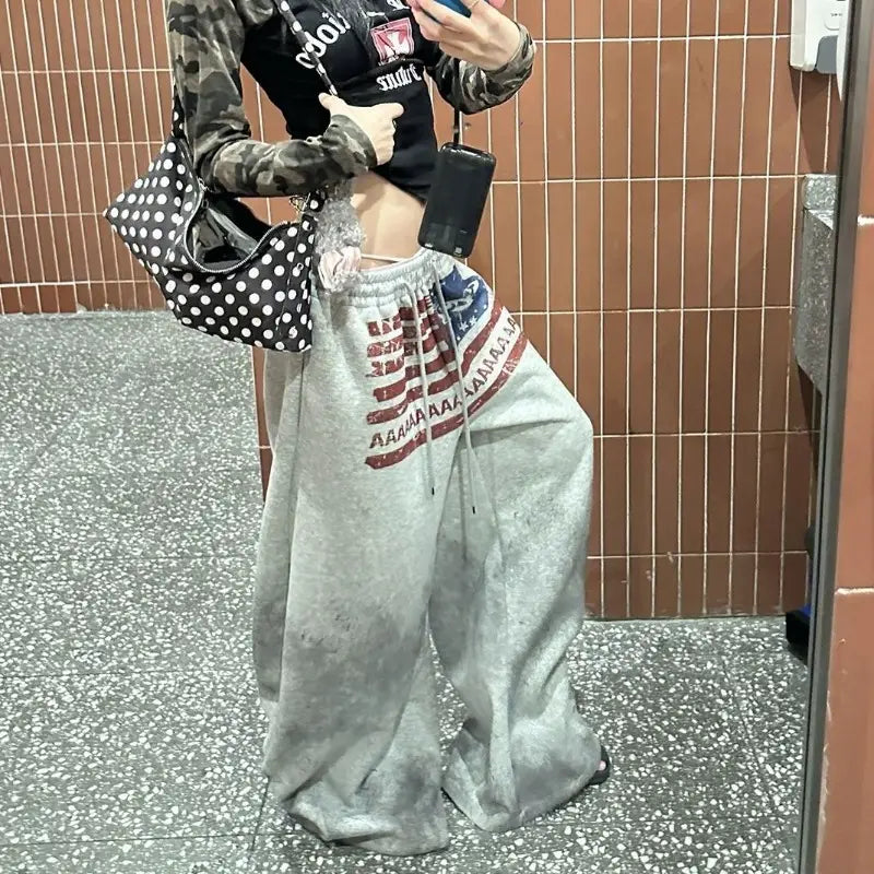 Women Retro American High Street Gothic Print Drawstring Wide Leg Sweatpants for Cotton Hip-hop Loose Versatile Sports Trousers
