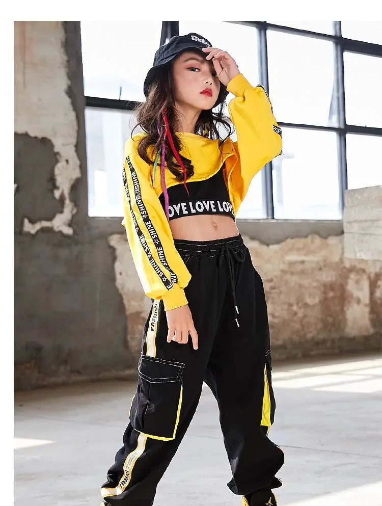 Hip Hop Girls Crop Top Contrast Street Dance Cargo Pants Children Sweatshirt Joggers Kids Streetwear Jazz Costumes Clothes Sets