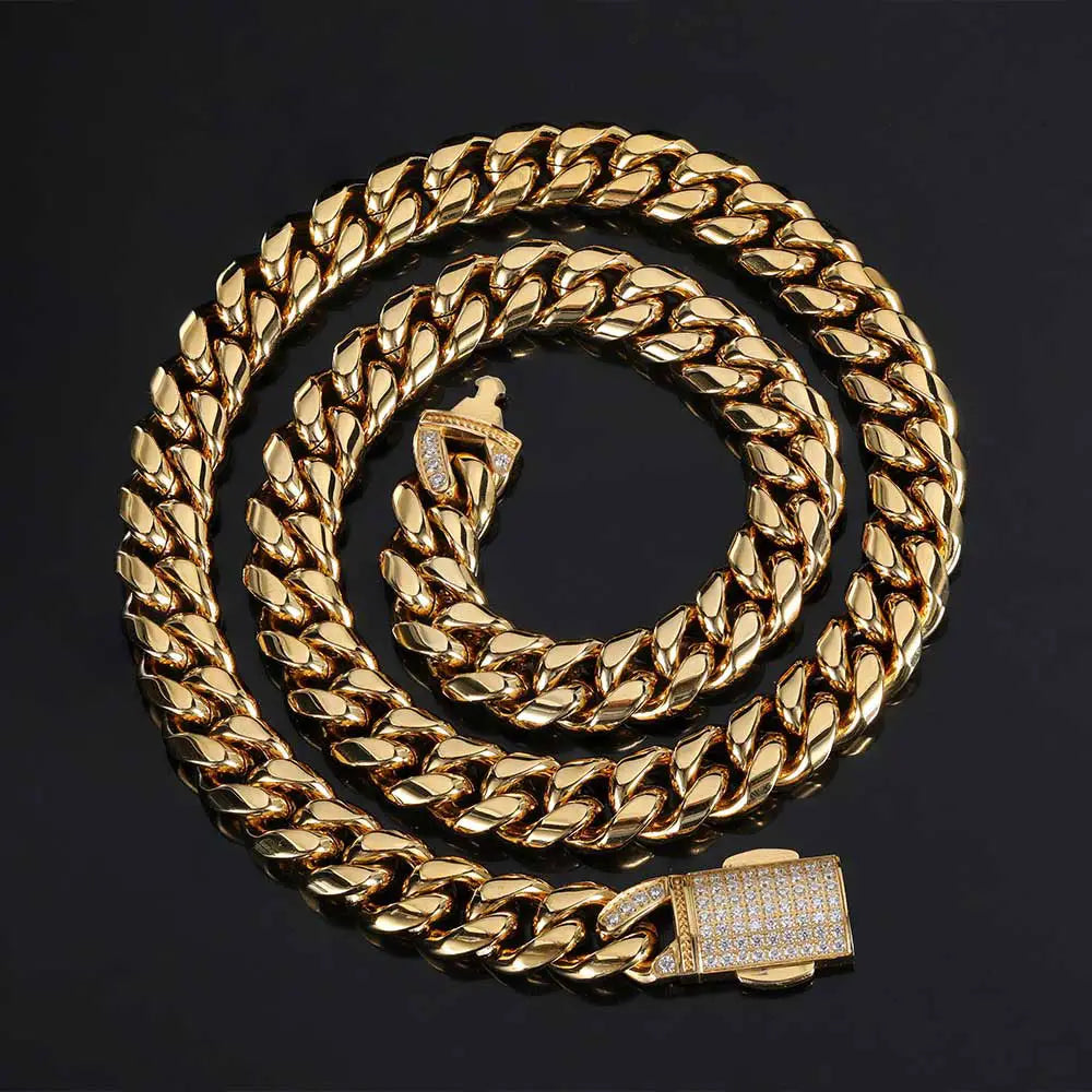 12mm Hip Hop Stainless Steel Jewelry Homme Cadena Luxury Miami Cuban Link Chain Men Rapper Rock Necklace