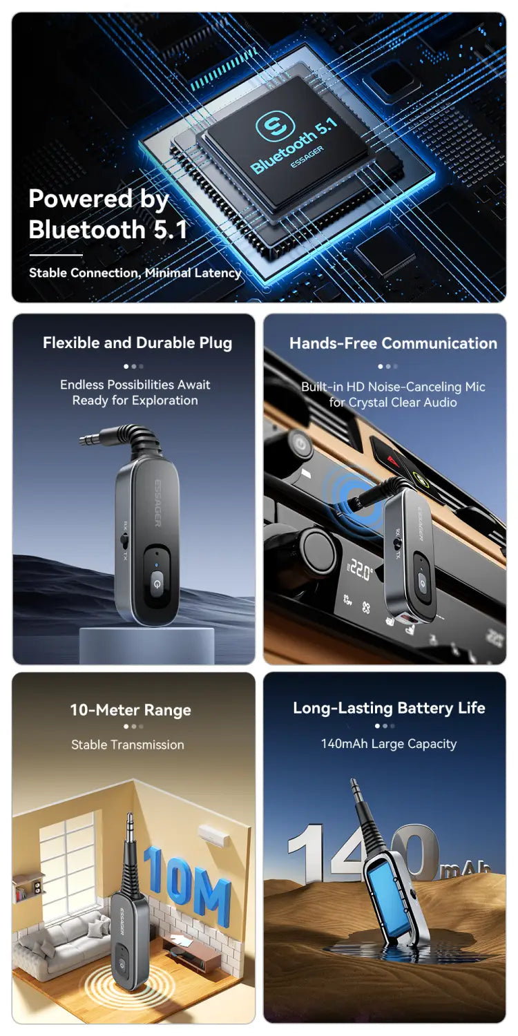 Essager 2-in-1 Bluetooth Audio Receiver Transmitter Wireless Bluetooth 5.1 3.5mm AUX Audio Adapter Stereo for Earphones TV Car