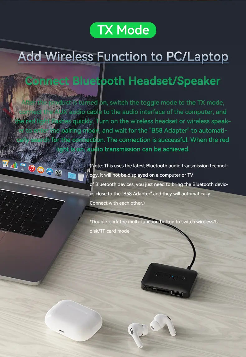 Bluetooth 5.4 Audio Receiver Transmitter USB U-Disk TF Card Play 3.5MM AUX Stereo Music Wireless Adapter With Mic For Car TV PC