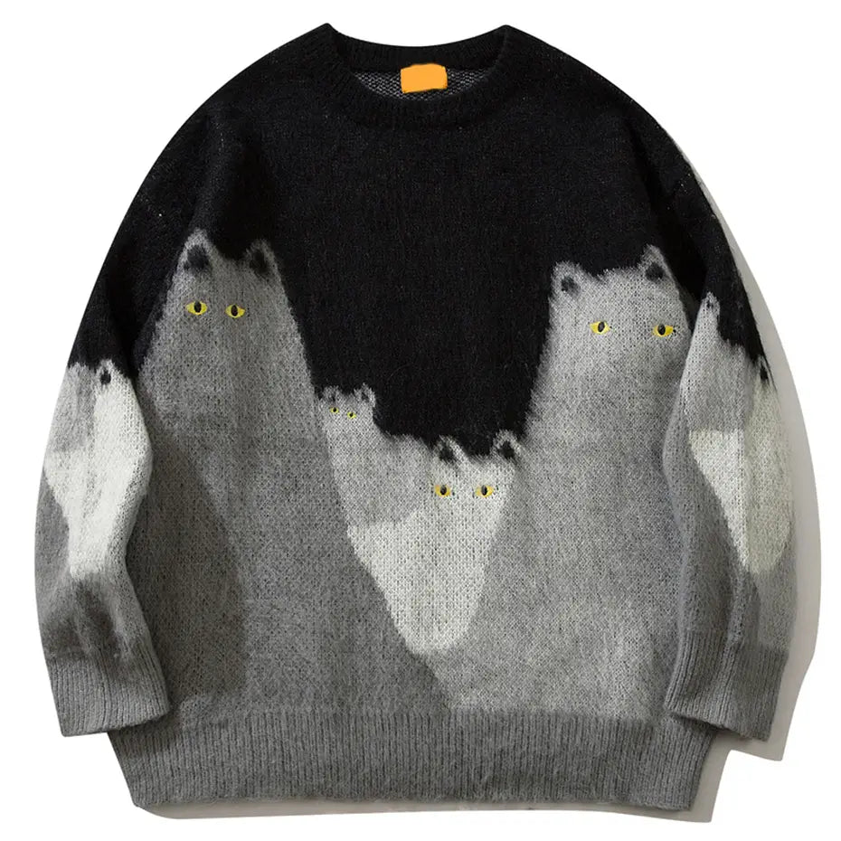 Cat Graphic Knitted Sweater Men Oversized Hip Hop Streetwear Hip Hop Pullover Sweaters Black Loose Casual Sweaters Jumper