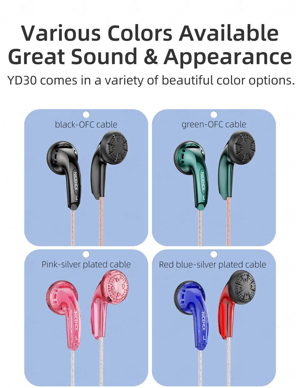 NiceHCK YD30 UV Varnish Surface 3.5mm HIFI Music Wired Earbud 15.4mm Dynamic HD Microphone Earphone for Gaming Meeting Vido EB2S