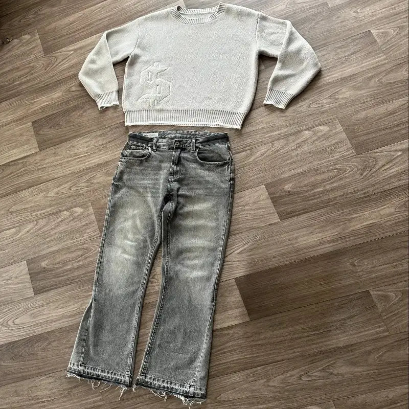 Hip Hop Dollar Logo Embroidery Streetwear Unisex Baggy Set 2 pcs Set Y2K Autumn Winter Retro Knitted Sweater Jeans Suit Trendy