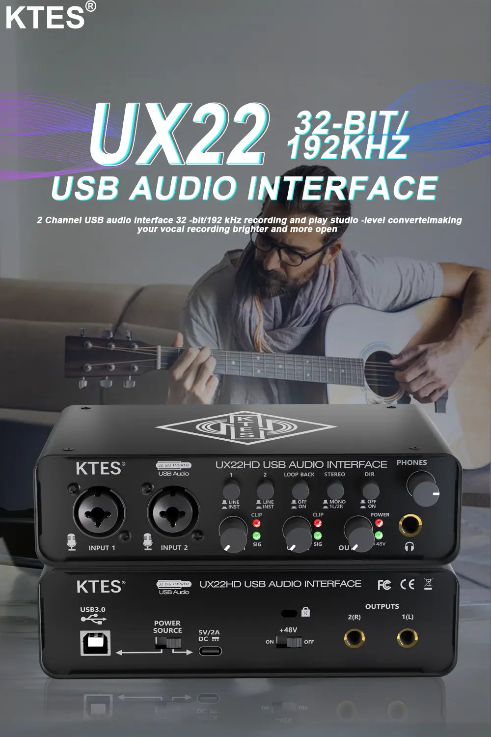 UX22 Audio Interface 192kHz 32-Bit USB Sound Card for Studio Recording Live Streaming Podcast DAW Music Production & YouTube