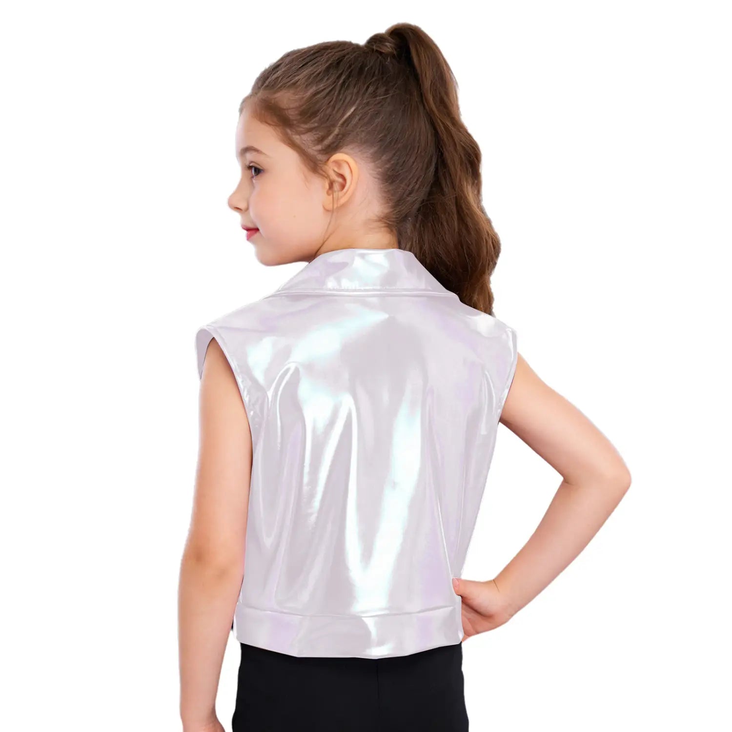 Kids Boys Girls Hip Hop Jazz Dance Performance Costume Turn-Down Collar Vest Zipper Metallic Jacket Tops Sleeveless Outerwear