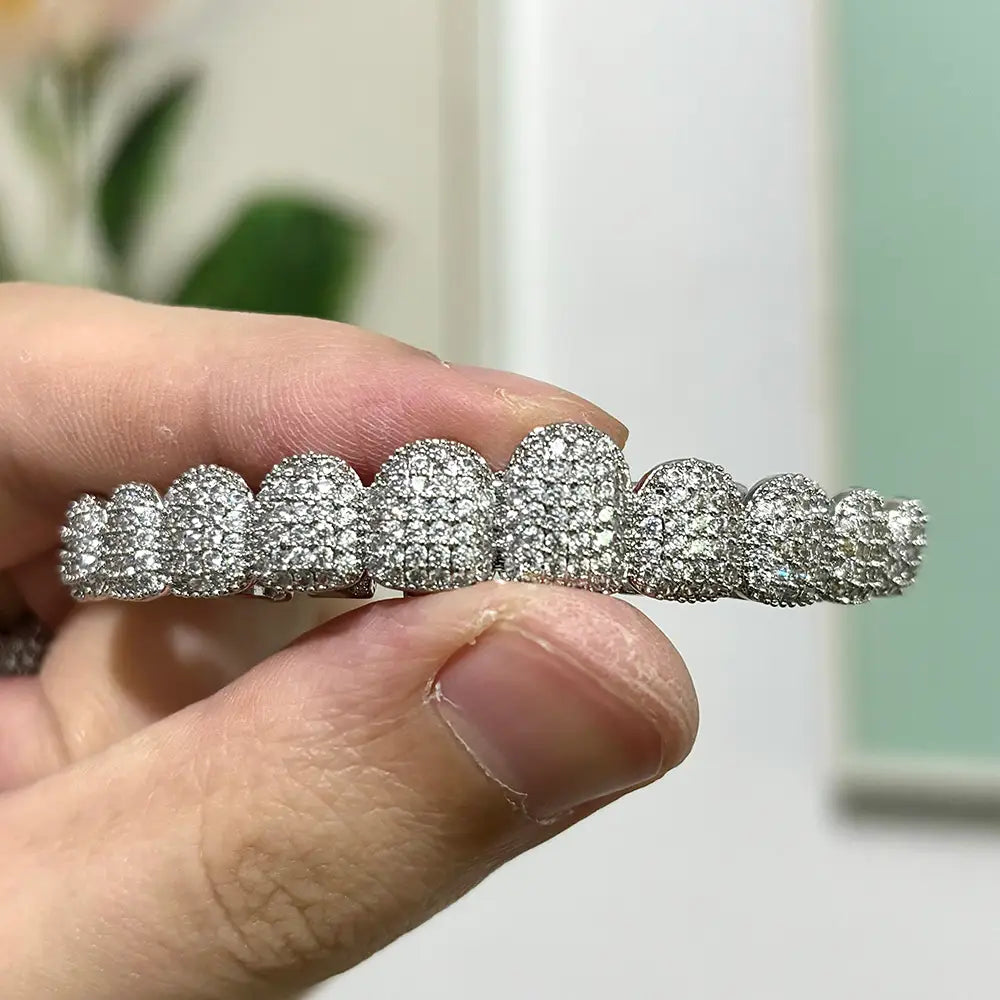 RACHELZ Hip Hop 10/10 Iced Out CZ Stone Teeth Grillz Punk Rapper Cubic Zirconia Tooth Caps For Women Men Jewelry Christmas Gift